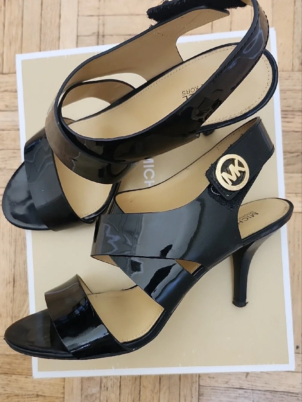 Michael Kors Black Patent Leather Slingback Sandals with Gold MK Accent